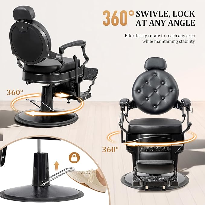 OmySalon Retro Barber Chair Heavy Duty, Aluminum Alloy Frame, Adjustable Headrest, Extra Wide Footrest, Hydraulic Salon Chair for Hair Stylist Reclining All Purpose for Beauty Spa Shampoo Styling