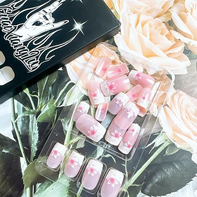 24Pcs Pink Press on Nails Short Square Fake Nails with Glitter French Tip Glue On Nails Spring Flower Acrylic Nails Press on Full Cover Pink Floral False Nails Nude Glossy Stick on Nails for Women