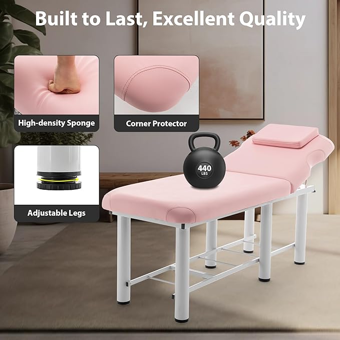 Professional Massage Table with Backrest, Faux Leather Stationary Physical Therapy Table, Metal Frame Barber Beauty Equipment, Removable Headrest Treatment Table Salon Spa Bed, Pink