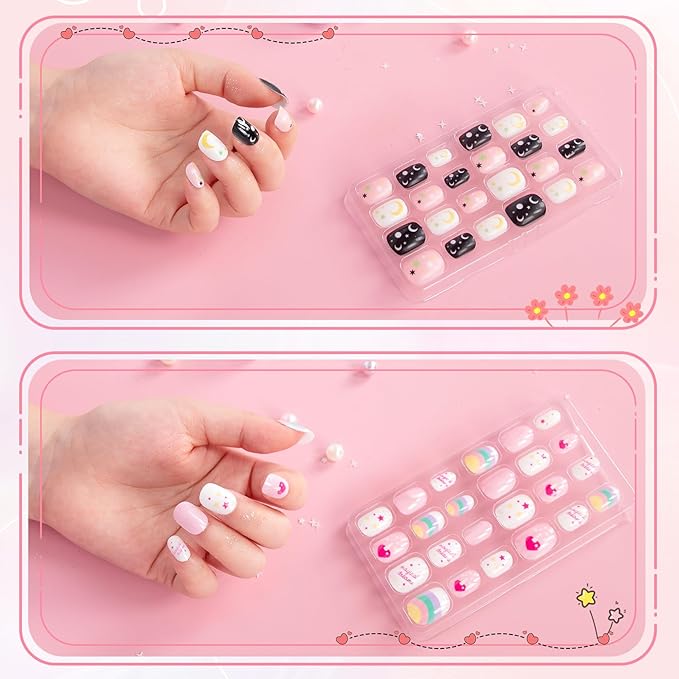 krofaue Press on Nails for Kids - 96pcs 4 Pack Children Fake Nails Kids Girls Stick on Nails for Kids Full Cover Cute Pre-Glue Acrylic Fake Fingernails Kits Sets Little Girls Short Nail Decoration
