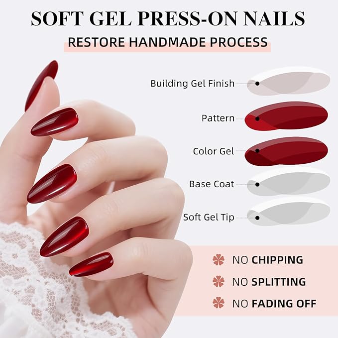 Red Press on Nails, Short Press on Nails Almond Reusable Glossy Cat Eye Nails Soft Gel False Nails Press ons for Women, 16 Sizes 32 Count Nails Kit with Glue (SV-08)