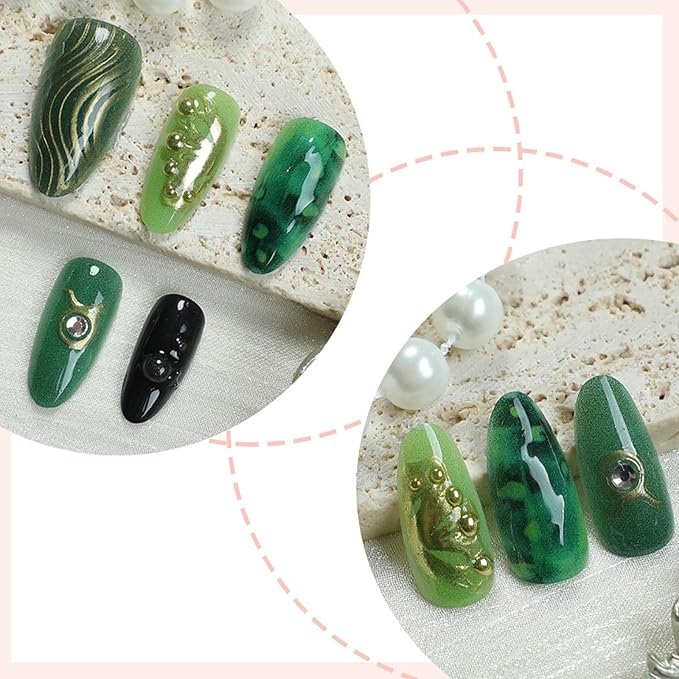 IMRAIN Press on Nails Medium Almond Fake Nails Green Ombre False Nails with Golden Butterfly Designs Full Cover Glossy Stick on Nails for Women Acrylic Nail Decorations Glue on Nails