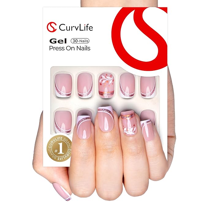 Curvlife Soft Gel Press on Nails, 30Pcs 15 Sizes Gold Edge Flower Style French Nail Tips, Full Cover Design Reusable Fake Nails Kit with Glue and Adhesive Tabs