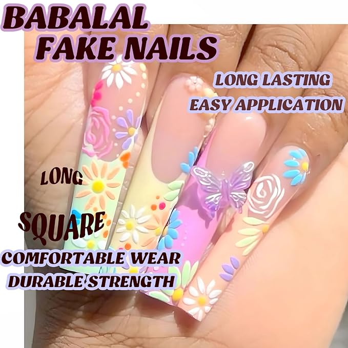 BABALAL Press on Nails Long Square Fake Nails Yellow Purple French Tip Glue on Nails Flower Coquette Acrylic Nails Butterfly Charm False Nails 24Pcs Summer Stick on Gel Nails Squoval Nails
