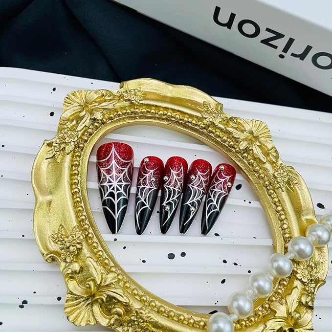24Pcs Halloween Press on Nails Medium Almond Pointed Goth Fake Nails with Spider Web Rhinestones Design Halloween False Nails Black Red Gradient Acrylic Glue on Nails Reusable Nails Kit for Women DIY