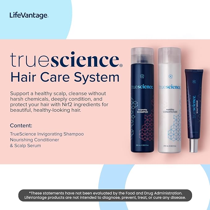 LifeVantage TrueScience Hair Care System Includes TrueScience Nourishing Hair Shampoo 250ml, Conditioner 250ml and Scalp Serum 50ml.