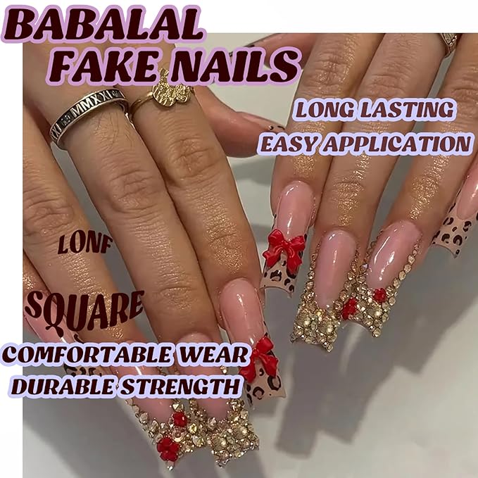 BABALAL French Tip Press on Acrylic Nails Long Square Fake Nails Supplies Brown Cheetah Fall with Bow Charm Rhinestone Bling False Nails with Glue Wild Gyaru Aesthetic 24Pcs Squoval