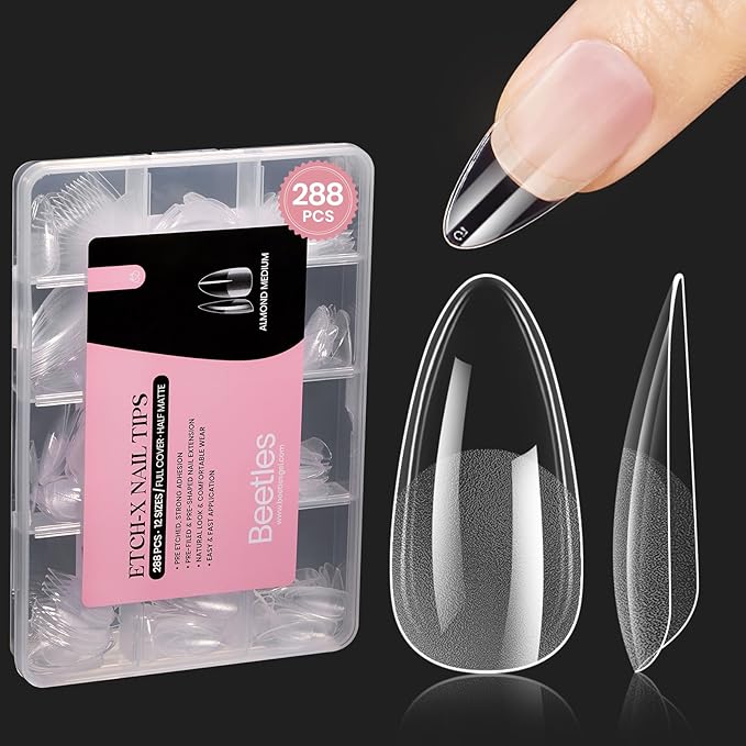 Beetles Gel Nail Tips Medium Almond Etch X, 12 Sizes 288 PCS Half Matte Full Cover Press on False Nail Tips Clear Acrylic Nails Extension Glue on Nails DIY Gift for Women