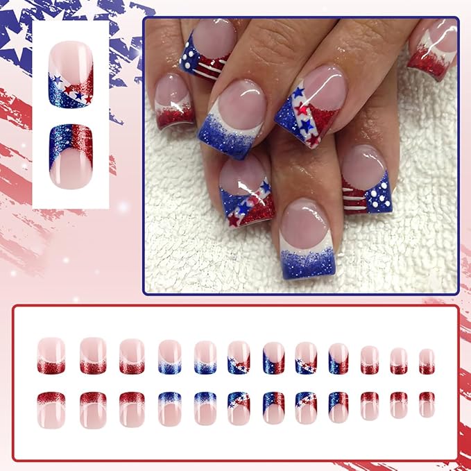 24Pcs Independence Day Nails French Tip Press on Nails Short Square Fake Nails Glitter Nails Tip Acrylic Nails 4th of July False Nails Patriotic Glue on Nails Star Artificial Nail for Holiday Manicure