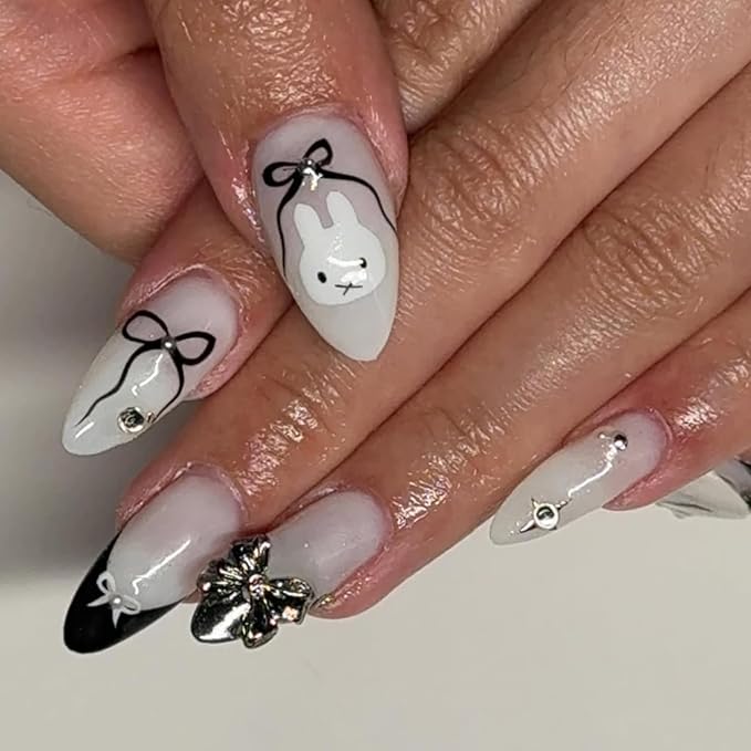 Cute Bunny Press On Nails almond,24pcs Medium False Nails with Black & White Bow Design, 3D Metallic Bow and Rhinestone Fake Nails, Cartoon Acrylic Stick On Nails Kit for Women Girls