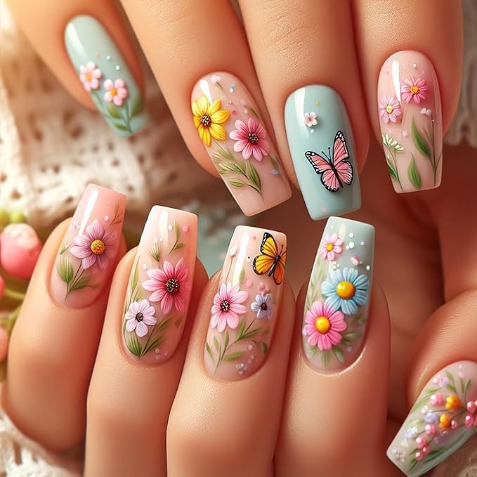 24Pcs Flower Press on Nails Medium Ballet Shaped Butterfly False Nail Colorful Floral Pattern Design Full Cover Artificial Stick on Nail Press Ons with Blossom Glossy Acrylic Glue on Nails for Women