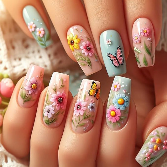 24Pcs Flower Press on Nails Medium Ballet Shaped Butterfly False Nail Colorful Floral Pattern Design Full Cover Artificial Stick on Nail Press Ons with Blossom Glossy Acrylic Glue on Nails for Women