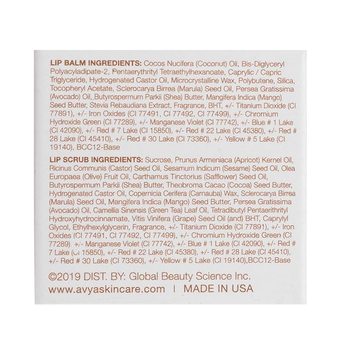 Avya Skincare Two-In-One Lip Treatment/Sugar Scrub Exfoliates and Softens Lips/Balm with Marula and Mango Moisturizes and Nourishes / .07oz