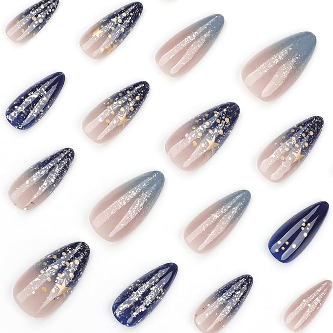Press On Nails Spring Acrylic Nails for Women - Starry sky Designer Fake Nails Medium Almond 24PCS, Glossy Soft Gel with Glue, Outdoor Picnic/Wedding/Party Reusable Stick On Nails Gift