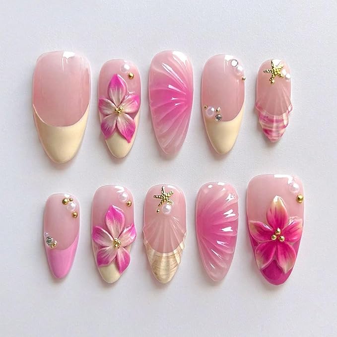 24Pcs Yellow French Tip Press on Nails Medium Almond Fake Nails with Gold Starfish Pearl Designs 3D Hawaiian Flower False Nails French Artificial Acrylic Nail Tips Summer Glue on Nails for Women