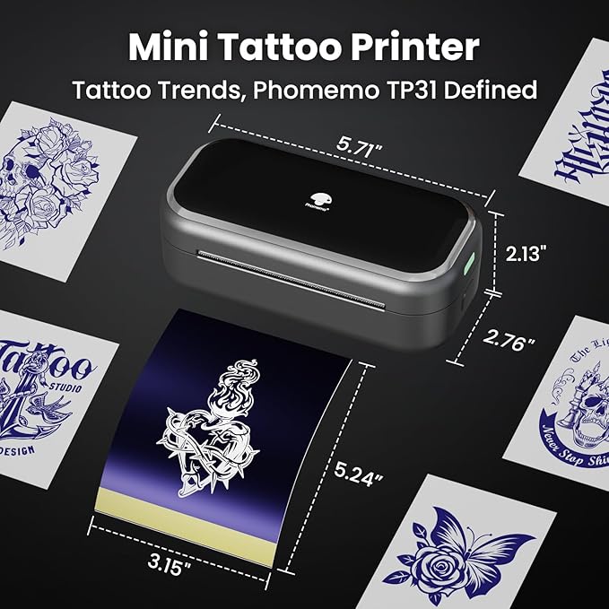 Phomemo TP31 Tattoo Stencil Printer, Mini Tattoo Printer with 30pcs Transfer Paper,Bluetooth Tattoo Machines Printers for Tattoo Beginners & Artists, Compatible with Tablet,Smartphone