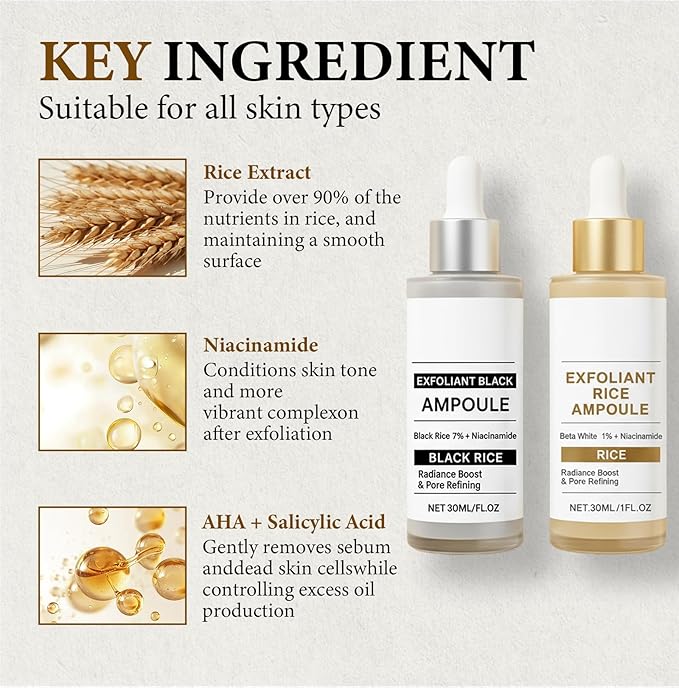 Black and White Rice Peeling Ampoule Duo, Soft Exfoliating Face & Body, Peel Shot Glow Scrub, Remove Dead Skin Cells, Blackheads and Pore Minimizing Serum, Hydrating Formula Serum for All Skin Types