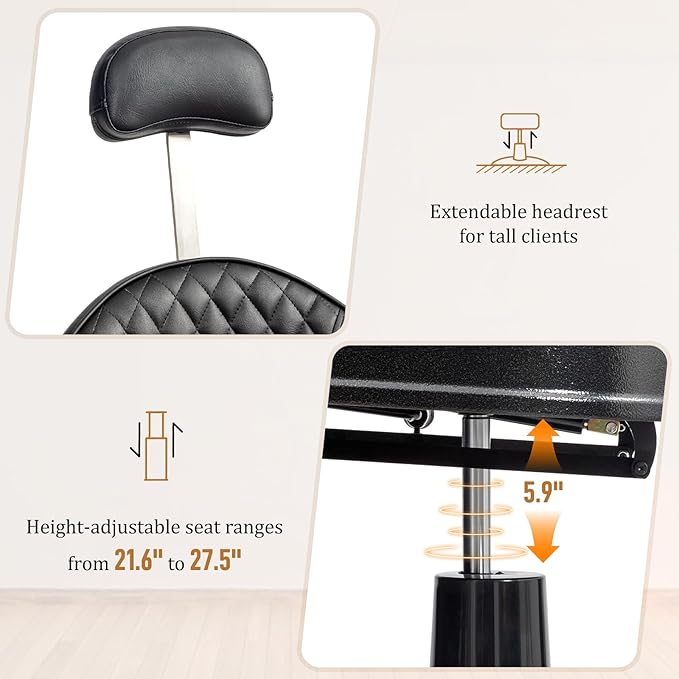 OmySalon Retro Barber Chair Heavy Duty, Aluminum Alloy Frame, Adjustable Headrest, Extra Wide Footrest, Hydraulic Salon Chair for Hair Stylist Reclining All Purpose for Beauty Spa Shampoo, All Black