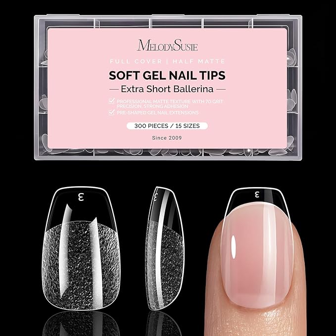 MelodySusie Extra Short Ballerina X Nail Tips - 300Pcs Clear Acrylic, Half Matte Full Cover Press on Nails for DIY Extension & Salon Use,15 Sizes Pre-Shaped for Long-Lasting Manicure