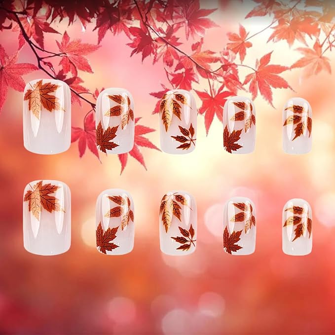 Sparkly Maple Leaf Press on Nails Thanksgiving Medium Square False Nails Glossy Gold Glitter Acrylic Fake Nail 24Pcs Fall Leaves Stick on Fingernails Autumn Gel Glue on Nail for Coquette Women Girls