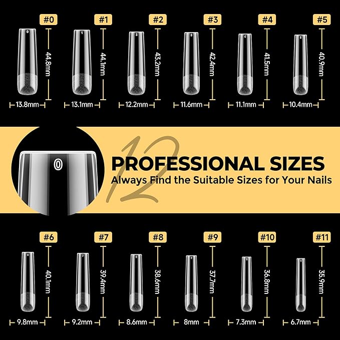 UNA GELLA Extra Long Tapered Sqaure Nail Tips, No C Curve Pre-file 120Pcs Square Press on Nails XXL Long Square Gel Nail Tips Full Cover Acrylic Straight for Nails Extension Art DIY Salon 12 Sizes