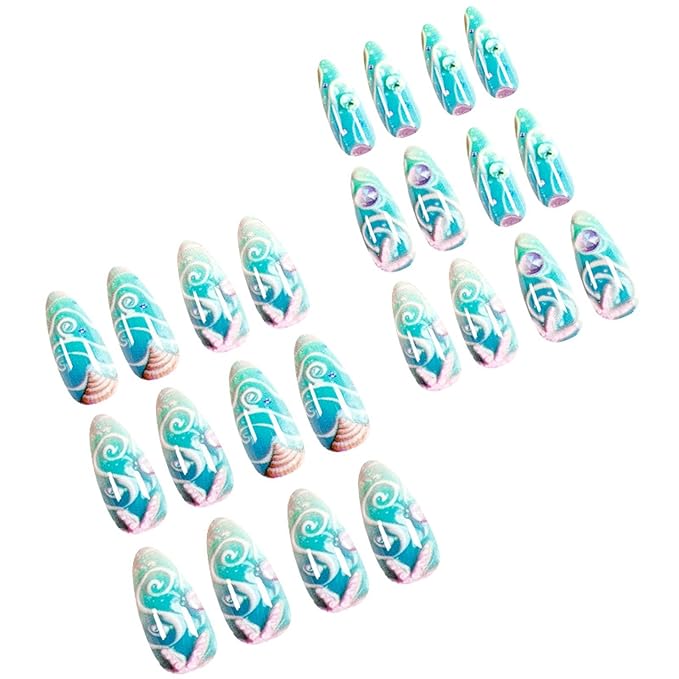 IMRAIN Blue Press on Nails Medium Almond Fake Nails with Cute Conch & Starfish Design Glossy Acrylic False Nails Full Cover Artificial Glue on Nails Summer Stick on Nails for Women Girls