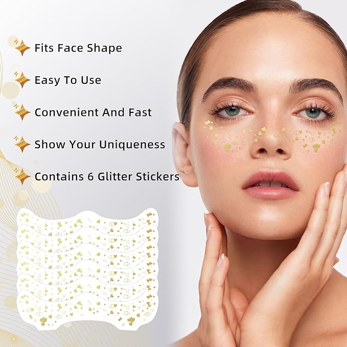 Glitter Freckles - 6PCS Gold & Sparkle Temporary Tattoos | Waterproof Face Jewels for Women & Kids, Cute Shimmer Makeup Patches