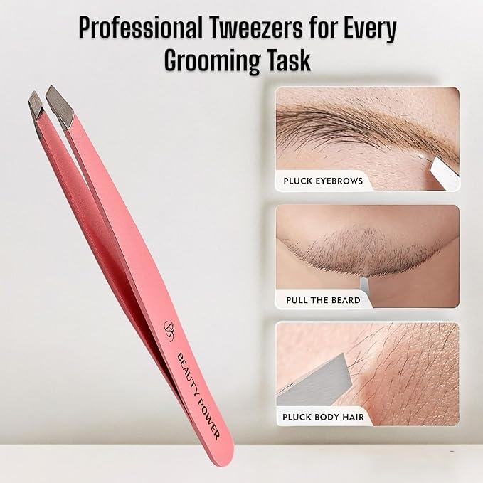 Slant Tip Precision Tweezers - Stainless Steel Eyebrow Tweezers for Women & Men - Precision Tweezers for Facial Hair, Ingrown Hair & Brow Shaping - Professional Beauty Tool (Pink)