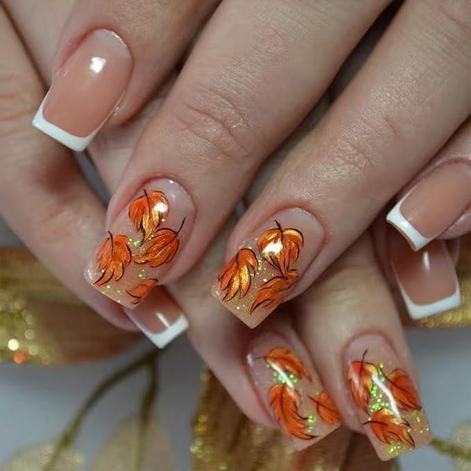 24Pcs White French Tip Press on Nails Short Square Fall Fake Nails with Maple Leaves Designs Glitter Autumn Thanksgiving Glue on Nails Acrylic Fall Nails Press ons for Women Manicure