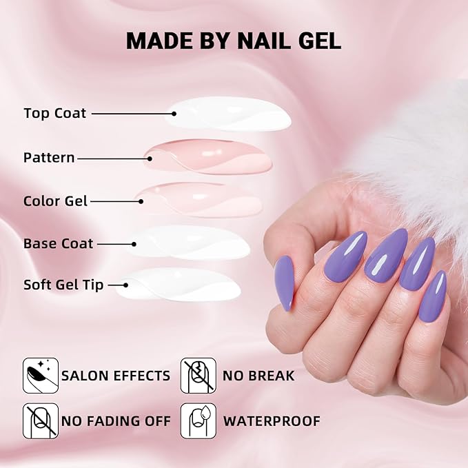 Wooyas Press on Nails Almond，Reusable Handmade Gel Fake Nails Medium Glossy ，Lightweight Natural Fake Nail in 12 Sizes - 24 Pcs Soft Gel Glue On Nails Kit，Lavender Purple Color