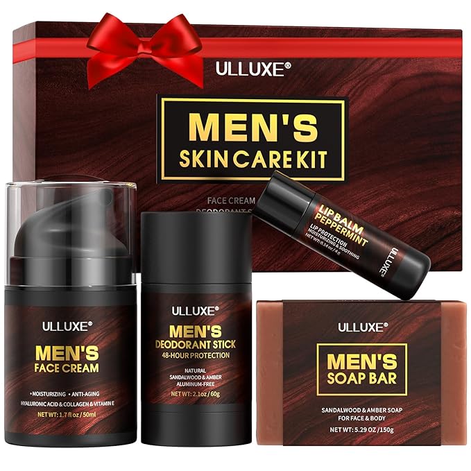 Skin Care Kit for Men, Face Skincare, Lip Care & Body Care for Men, Mens Skincare Set with Face Cream, Lip Balm, Deodorant Stick & Bath Soap, Gifts for Mens Birthday, Husband Dad Gift