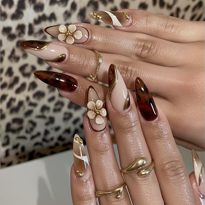 Long Almond Shape Press on Nails Luxury Fake Nails with Floral Design and Gold Accents Stick on Nail for Women 24pcs