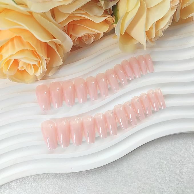 Coffin Press on Nails Medium White Gradient False Nails with Glossy Design Glue on Nails Light Pink Transparent Fake Nails Coffin Nails Press ons Artificial Stick on Nails for Women 24Pcs