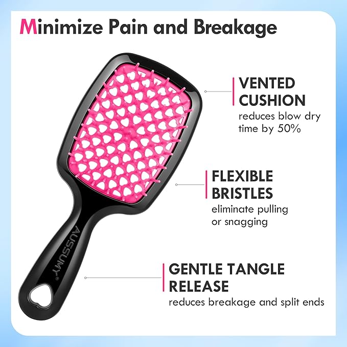 2 Pack Vented Detangling Hair Brush - Detangler Hairbrush with Soft Bristles for Effortless Tangle Free -Ideal for Natural Curly Straight Wet Dry Damaged Hair for Women Men Kids - Magenta