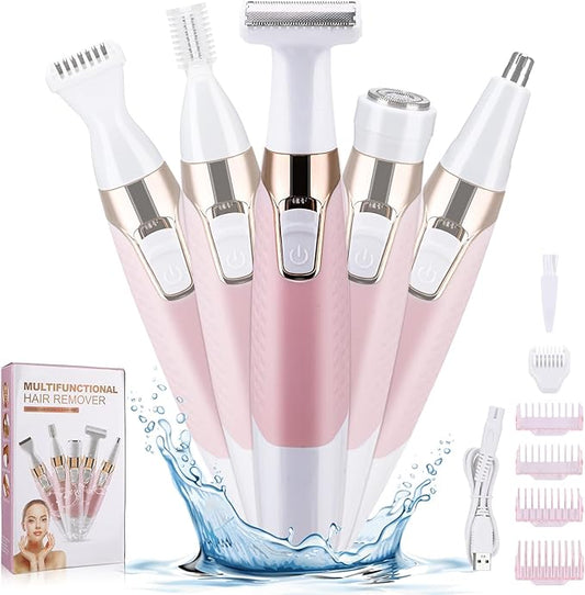 Face Razors for Women, BestMal Bikini Trimmer 5 in 1 Wet/Dry Electric Shaver Razors for Face Nose Eyebrow Beard Mustache Arm Leg Armpit Pubic Area Painless Rechargeable Facial Hair Removal for Women