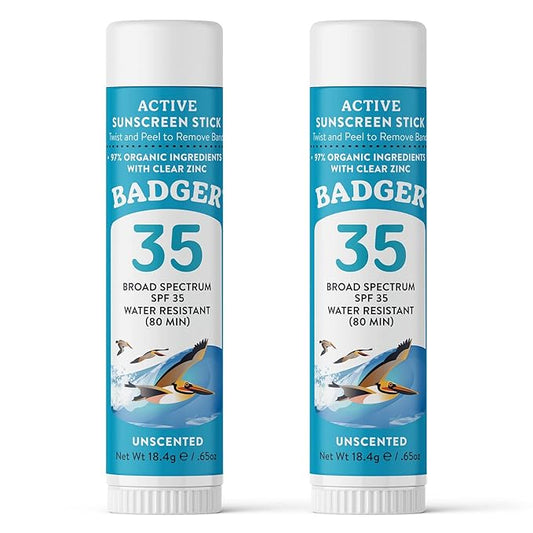 Badger Mineral Sunscreen Face Stick SPF 35, 97% Organic Unscented Zinc Oxide Travel Sunscreen, Coral Reef Safe Travel Size Stick, .65 oz, 2-Pack