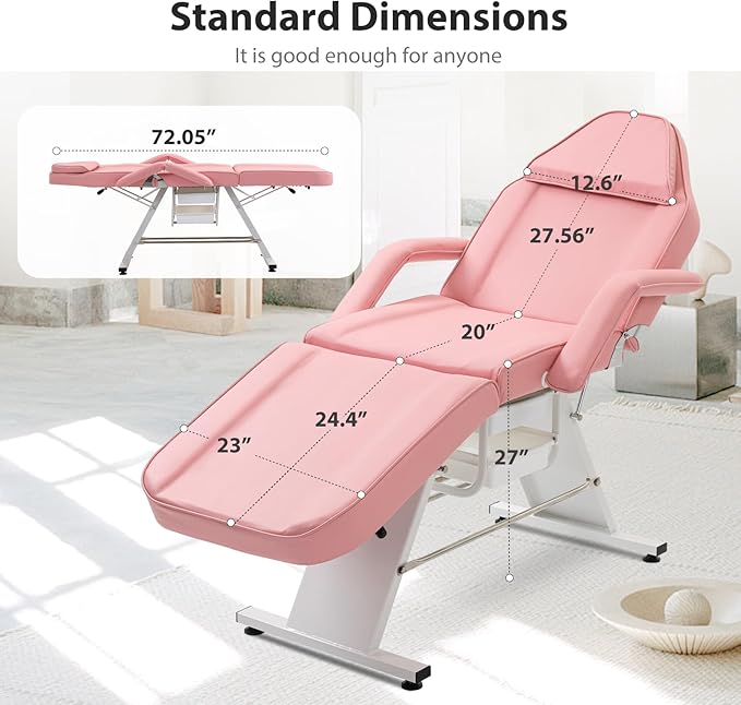 Tattoo Chair Facial Bed with Two Trays Esthetician Bed Adjustable Folding Salon Bed with Hydraulic Stool Massage Bed for Professional Massage Facial Lash Beauty Treatment Spa Pink