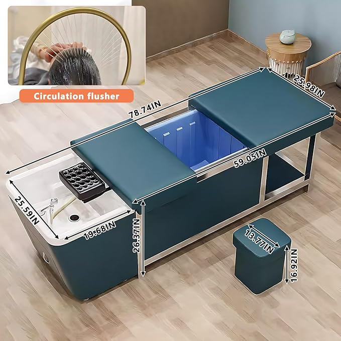 HHEvergreenEnsem Massage Shampoo Bed with Sink & Head Spa Equipment, No Plumbing Head SPA Bed Includes 24 gal Large Water Tank, Storage Space (with Stool, Blue)