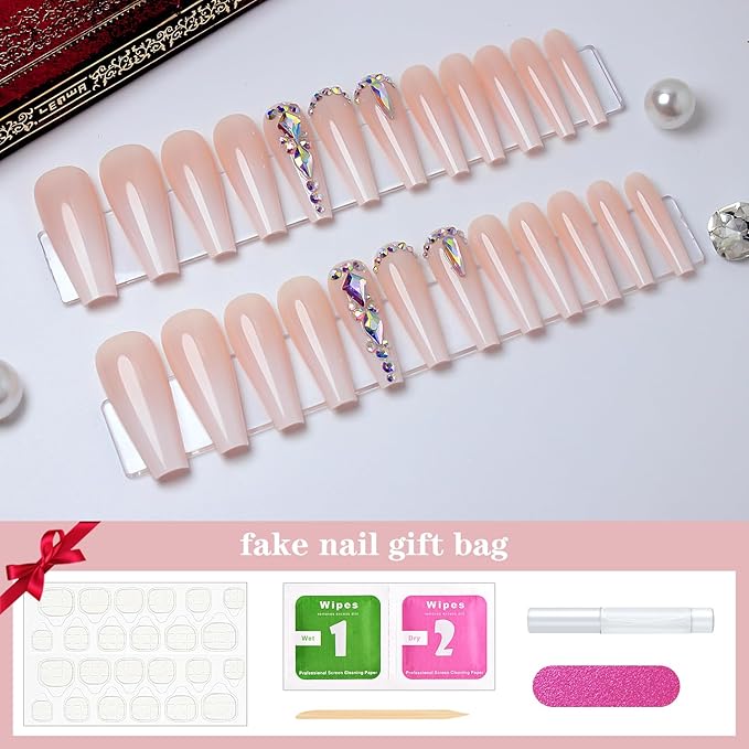 Yivaiks Ballerina Press-on Nails, 24pcs Glossy Acrylic Fake Nails with Glue, Extra Pink Long Coffin 3D Rhinestones Design for Women