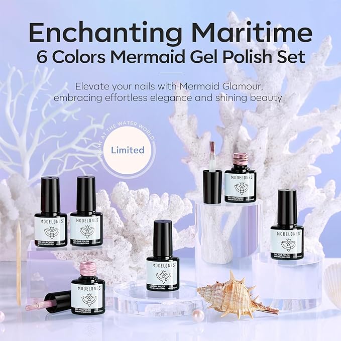 modelones Pearl Gel Nail Polish Set, 6 Colors Aurora Iridescent Shimmer White Pink Purple Mermaid Nail Drawing Glitter Gel Polish Soak Off Led Swirl Shell Thread Effect with Dotting Pen DIY Mani Gift