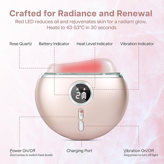 VRAIKO AlpenGlow Electric Gua Sha Device, Rose Quartz Gua Sha Facial Tools with Heat and Vibration, Gua Sha Face Massager for Lymphatic Drainage, Lift, Puffiness, Rejuvenation Natural Glow (Rose Gold)