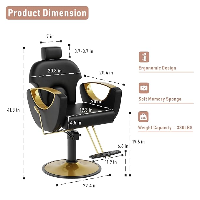 Barber Salon Chair for Hair Stylist, Height Adjustable Hydraulic Hair Reclining Salon Chairs, 360 Degrees Rotation, Multi-Function Shampoo Chair for Barbershop (Modern Black)