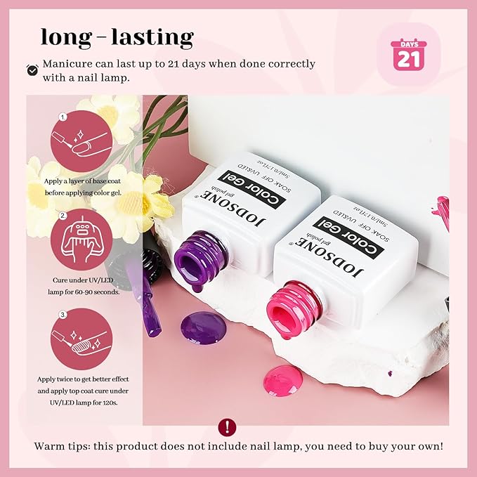 JODSONE 12 Bottles Gel Nail Polish Set Base Coat Glossy Top Coat Fast Drying Long Lasting Soak Off Wipe Free