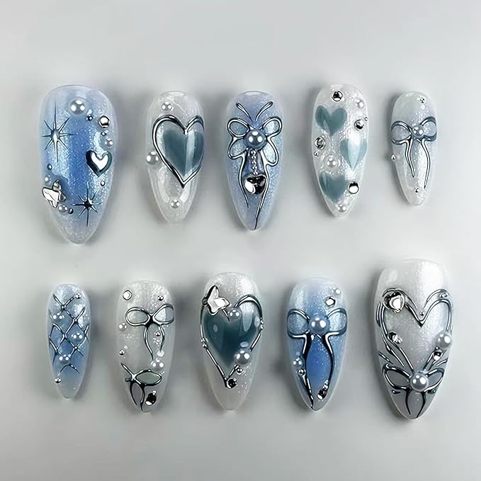 24Pcs Blue Almond Press on Nails Medium Bow Fake Nails with 3D Pearl Butterfly Heart Rhinestones Design Gradient Blue Glue on Nails Y2K Heart Star Acrylic Nails Bows False Nails for Women