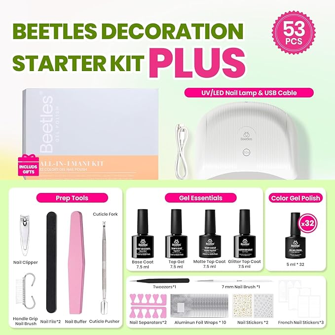 Beetles Gel Nail Polish Kit with U V Light - 53 Pcs Emotional Spectrum Pro 32 Colors Gel Nail Kit with Base &Matte &Glossy Top Coat and Tools Decoration Manicure Set Soak Off Gifts for Women Girls