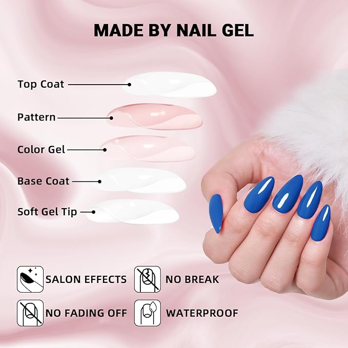 Blue Green Almond Press On Nails Medium, WOOYAS Glossy False Nails Press-ons, Natural Fit Glue On Nails Medium Length, UV Cover Gel Stick On Nails for Women