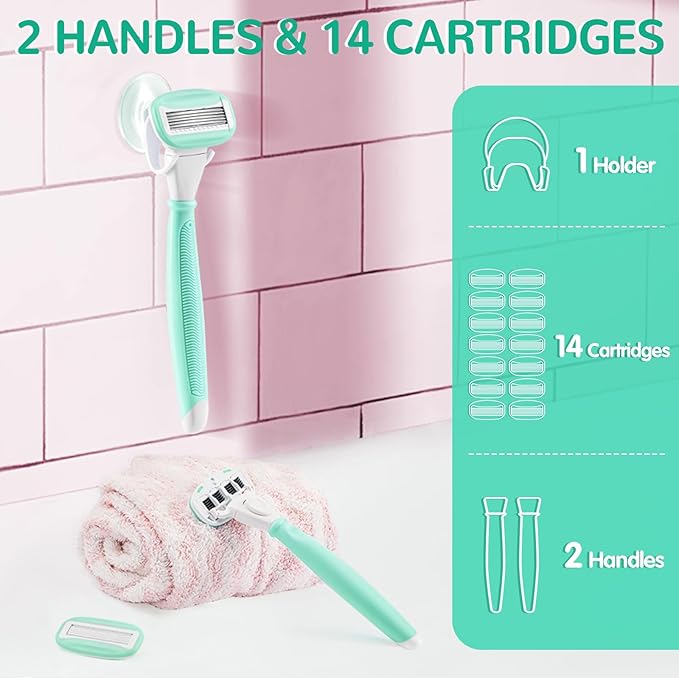 DreamGenius Razors for Women Include 2 Non-Slip Handles and 14 Blade Refills with a Shower Holder, 5 Premium Blades Women's Razors for Shaving with 360° Lubrication Reduces Irritation, Green