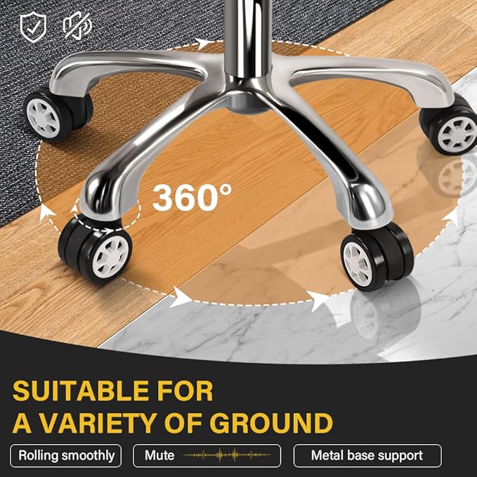 Heavy Duty Rolling Stool with Wheels, 360 Swivel, Adjustable Height, Black, Modern Style, Faux Leather Seat, Aluminum Alloy Base, Kitchen, Garage, Garden, Outdoor, Bar