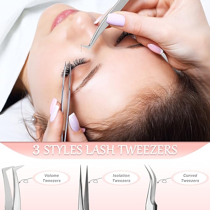 6 Pcs Tweezers for Eyelash Extensions, Straight and Curved Stainless Steel, Individual Volume, Isolation Tweezers (Silver)