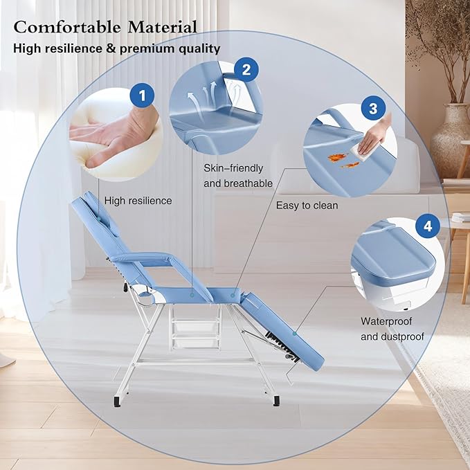 Facial Chair Massage Table 73in 3-Section Multipurpose Massage Bed Professional Tattoo Table Salon Spa Equipment for Facial Spa Beauty Spa Salon Equipment-Light Blue